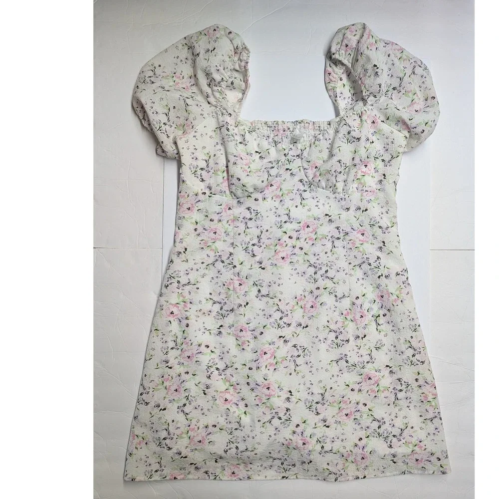 H&M Floral‎ Milkmaid Puff Sleeve Cottagecore Mini Dress L Square Neck SmocknBack